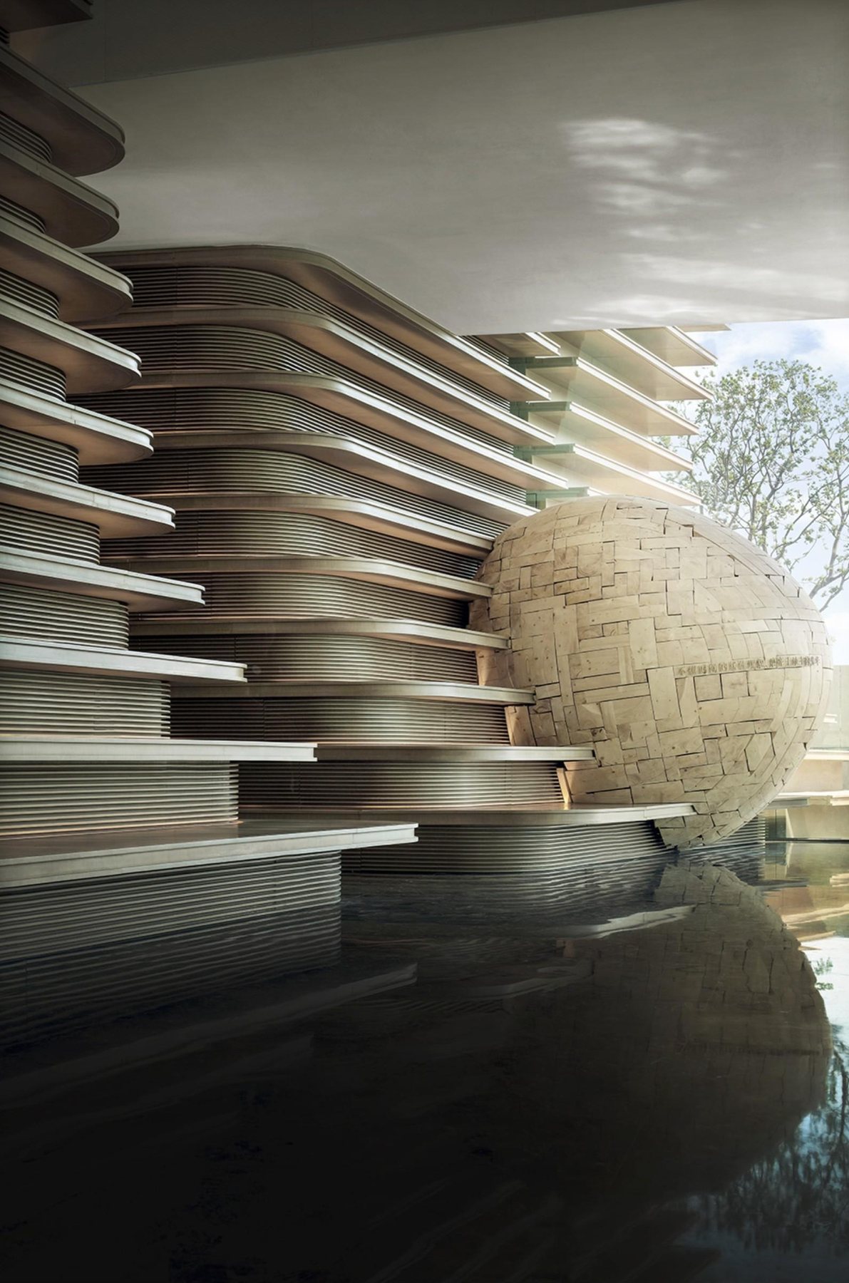 Close architectural view of the textured interior artwork