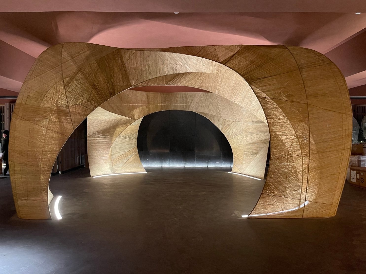 Completed woven architectural art feature with curved openings