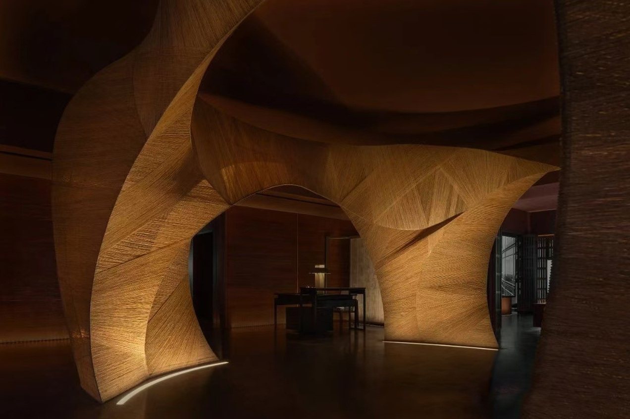Illuminated final view through the architectural art feature