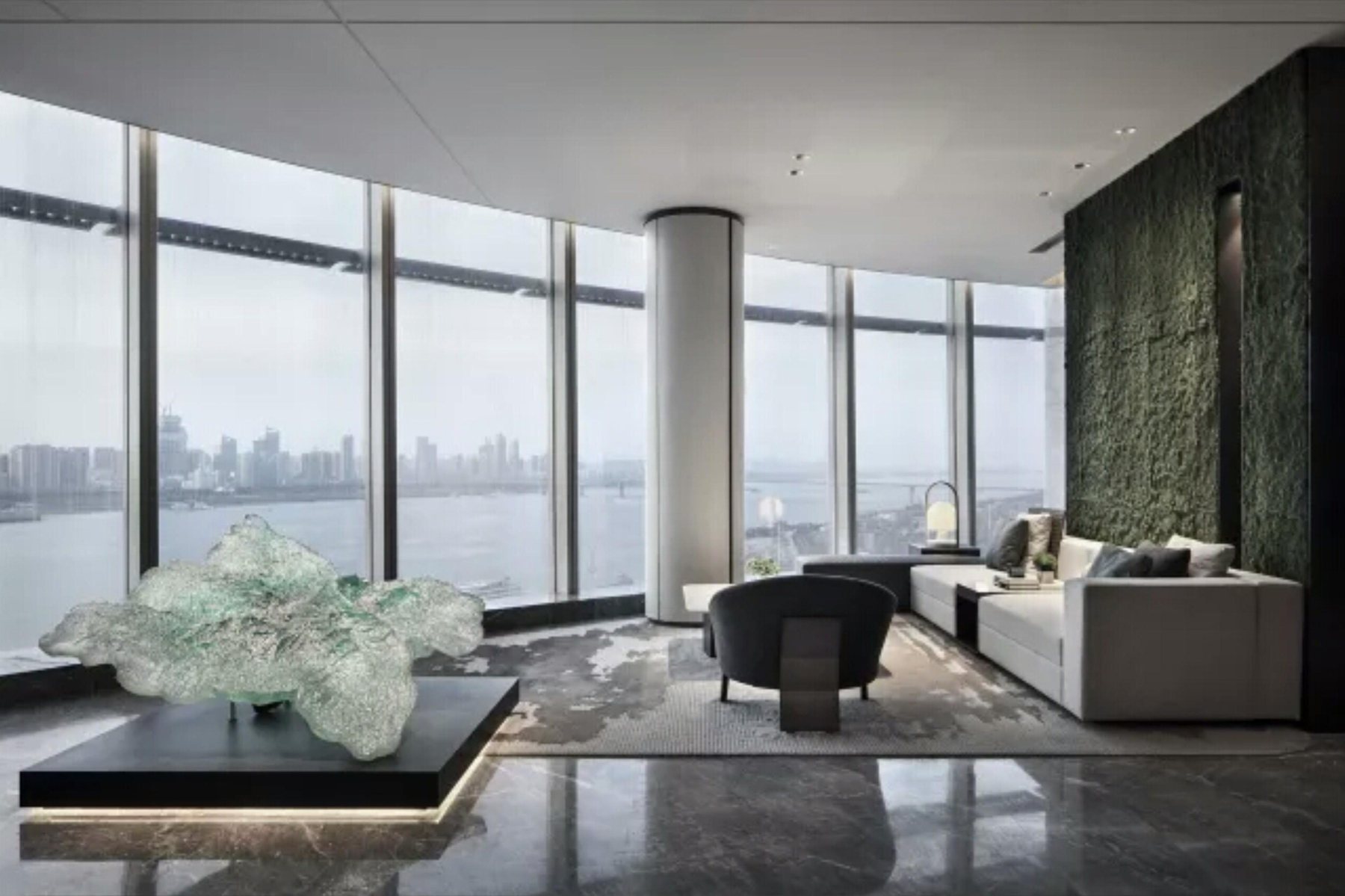 Translucent organic artwork in a river-view interior