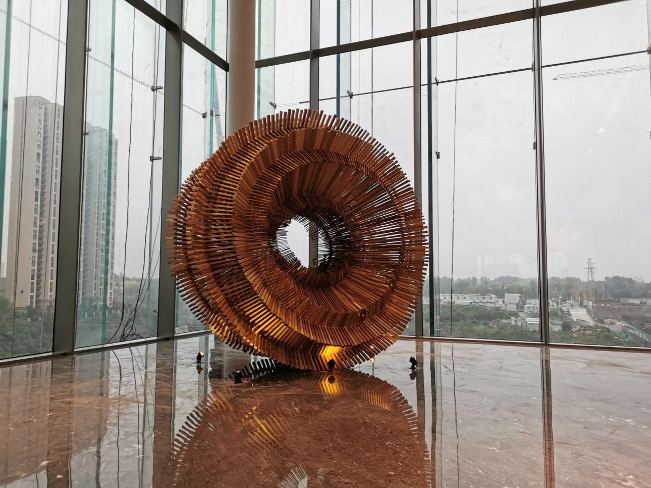 Side architectural view of the layered interior sculpture